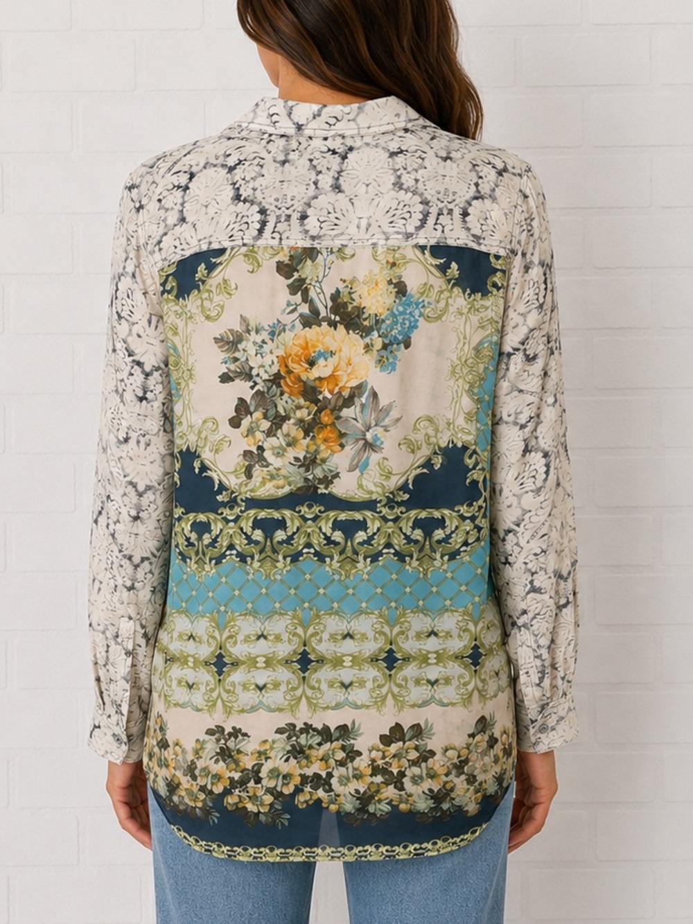 Aratta Silent Journey Mixed Media Button Front Blouse Medium Boho Floral